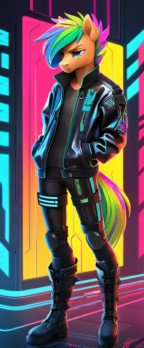 a ((full body)) cartoon picture of an anthropomorphic (((pony:0.9))), cyberpunk style, (((shiny latex cyberpunk bodysuit:1.0))), (((techwear jacket on top:0.9))), (((calf-high boots))), generic MLP style, professional drawing, (((twink))) male anthro pony,...