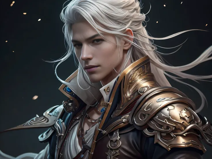 (Best Quality, 8K, Masterpiece, HDR, Soft Lighting, Picture Perfect, Realistic, Vivid), Male Humanoid Dragon (1.0), 1 Guy, Perfect Face, Super Detailed Photo of a Gorgeous Humanoid Dragon Man with Long White Hair, Side by Side lies a white dragon, Beautifu...