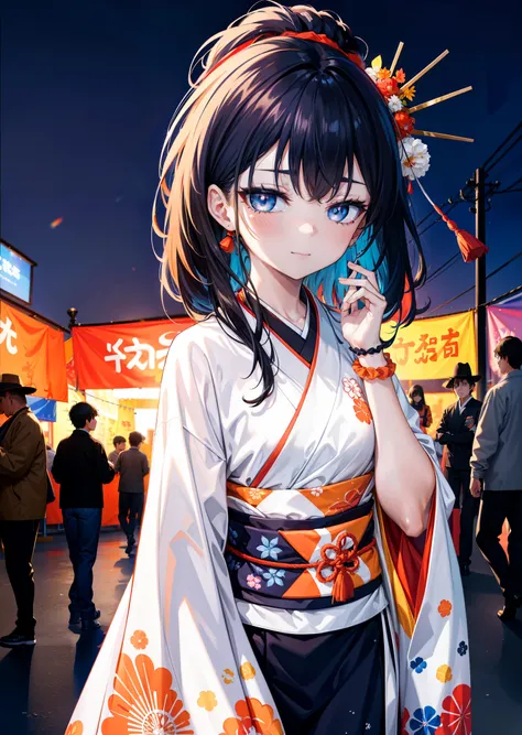 Takada Rokka, Black Hair, blue eyes, Long Hair, orange Scrunchie, Scrunchie, wrist Scrunchie, single hair band,White Kimono,Thick sleeves,日本のfestival,夏festivalの屋台,Red lantern,happy smile, smile, Open your mouth,Fireworks,The place is a fireworks display、Ti...