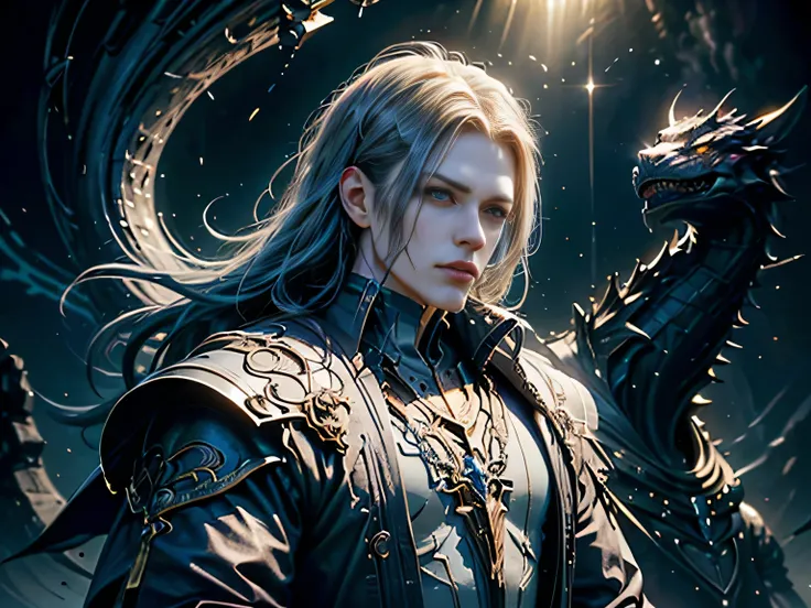 (Best Quality, 8K, Masterpiece, HDR, Soft Lighting, Picture Perfect, Realistic, Vivid), Male Humanoid Dragon (1.0), 1 Guy, Perfect Face, Super Detailed Photo of a Gorgeous Humanoid Dragon Man with Long White Hair, Side by Side lies a white dragon, Beautifu...