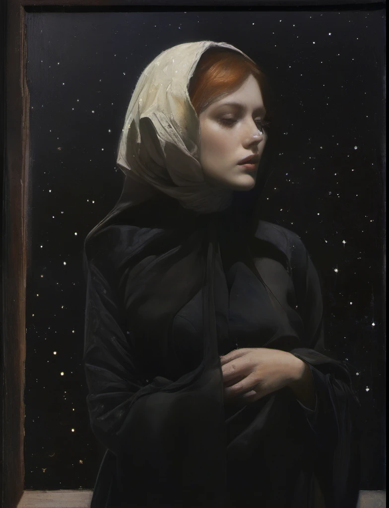 James Gurney, Surrealist art , dream-like, mysterious, Provocative, symbolic, Complex, detailed,, (Gothic but very beautiful:1.4), (masterpiece, Highest quality:1.4) , Nicola Samori Style,  Starry Sky、woman、I