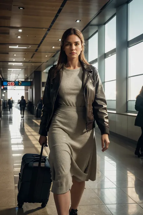 a 40 year old woman,walking in the hall of an airport,cinematic bright lighting,realistic,photorealistic,high quality,intricate details,detailed facial features,beautiful eyes, realistic, sharp focus,3d render,studio lighting,physically-based rendering,war...