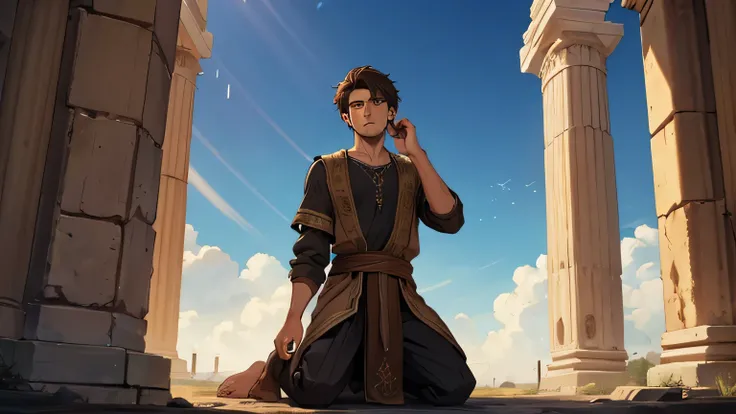 Prophet Joel, young man with short dark brown hair, and ancient poor mans clothing from the 1st century BC, dark brown, light brown eyes, 25 years old, kneeling looking at the sky, being illuminated by a divine ray of illumination from the sky