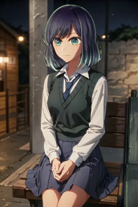 best quality, masterpiece, 1 girl, alone, detailed eyes, surprised expression, raising eyebrows, tie, shirt, blue tie, blue hair, white shirt, long sleeves, looking at viewer, medium hair, collared shirt, vest , indoors, bangs, vest, closed mouth, smile, g...