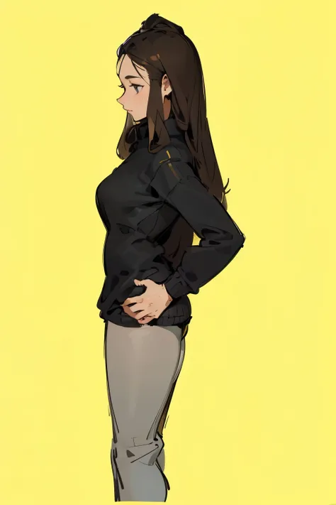 A realistic digital illustration of a young woman with long, light brown hair. She is wearing a black turtleneck sweater and oversized grey pajama pants that accentuate her curves and buttocks. The woman is posed with her back slightly turned, one hand tou...