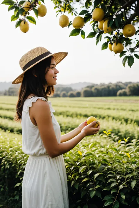 girl in pome holding many lemons in her hands with a lot of freshness in the field picking in the bushes, in very little clothing with a lot of joy focusing on the lemons and selling the freshness of the silhouette 