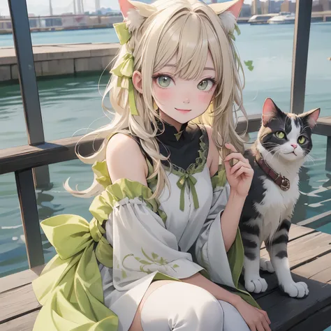 (masterpiece), Highest quality, Ultra-high resolution,Cat wearing a pale lime ribbon、Light lime hair、Light lime colored eyes、Light lime colored clothing、Hangeshoe、Waterfront、smile