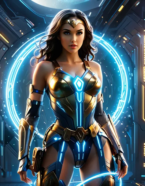 Push the boundaries of machine creativity by blending Wonder Woman with futuristic elements, creating a hyperrealistic cyborg version within the Plex environment. Hyper realistic photo, 16k, vibrant colors