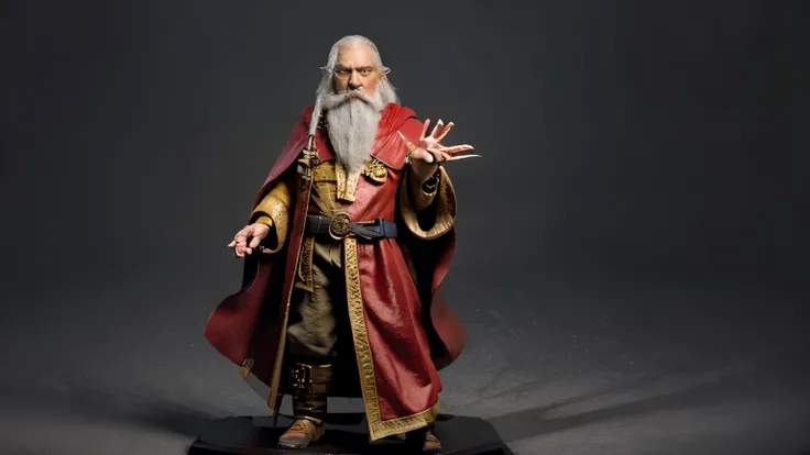 Create a character based on the Master of Wizards. This character has the appearance of a wise old man, of short stature, with a long white beard and wearing a red cloak, with details in yellow, frontal image, ultra realistic