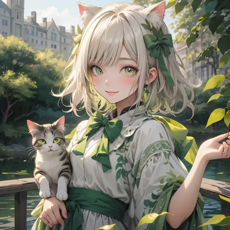 (masterpiece), Highest quality, Ultra-high resolution,Cat wearing a pale lime ribbon、Light lime hair、Light lime colored eyes、Light lime colored clothing、Green leaves、White leaves、Waterfront、smile