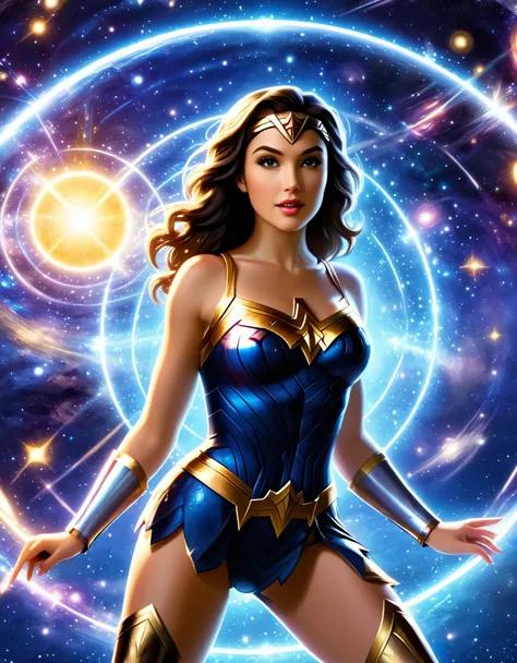 Explore Wonder Womans cosmic potential by crafting an array of celestial versions, each embodying a different aspect of her character against a galactic backdrop.