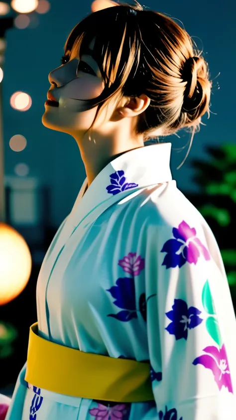 (((Carefully drawn with perfect anatomy))),(((The yukata is drawn perfectly and carefully, from the collar to the sleeves and hem, without any missing parts.:1.6))),(((A huge 3-foot fireworks display in the night sky))),(((The people around me were engross...