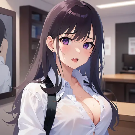 looking back,Detailed CG,Ultra-fine illustrations,masterpiece,Highest quality,AW Photo,Realistic,Upper Body,BREAK(White collared shirt:1.5)and(Cleavage)BREAK,(Pale skin:1.2),Glossy skin, shiny hair,(A 26-year-old woman with straight hair and bangs)and(Medi...