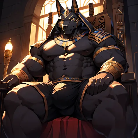 anubis jackal，Behemoth，4k HD，wallpaper, egyptian armor, anubis mask, sitting on a throne, (bara pecs: 1.4), (dense oversized huge pecs: 1.1), (big crotch bulge: 1.5), wearing boxers, dark dramatic lighting, epic, dutch angle