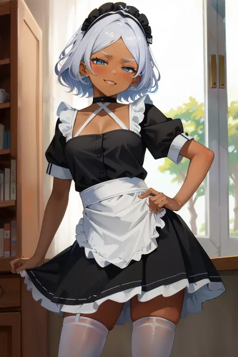 (Masterpiece), Best Quality, ultra-detailed,  1girl (Secelia Dote, short hair, dark  skin, blue eyes, half-closed eyes), wicked smile, parted lips, solo, maid (black), frill, apron, maid headdress, ultra mini skirt, in the livingroom, standing, Sexy waist ...