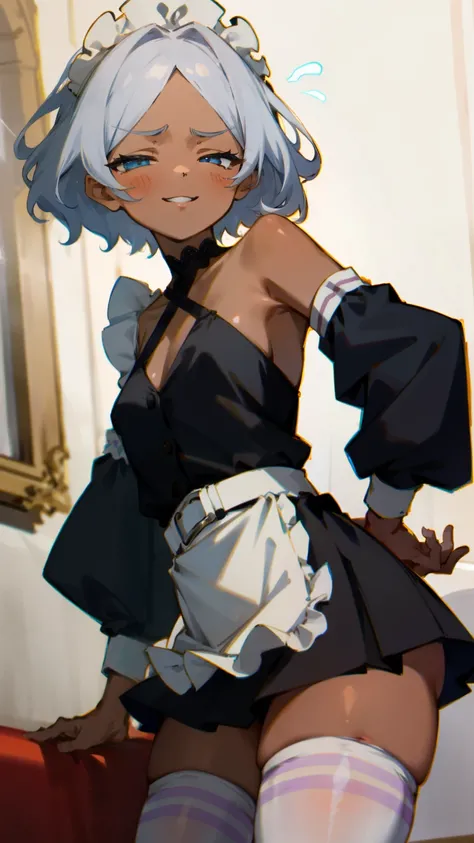 (Masterpiece), Best Quality, ultra-detailed,  1girl (Secelia Dote, short hair, dark  skin, blue eyes, half-closed eyes), wicked smile, parted lips, solo, maid (black), frill, apron, maid headdress, ultra mini skirt, black lace thighhighs, garterbelt, in th...