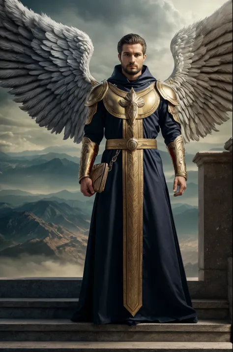 Tall male angel, God, War hero, Archangel Gabriel, Front view of the face, The scene takes place in the Heavenly Palace, Standing on the steps, (A cold overlook:1.3), Looking at the audience, Spread your huge wings, Pure white big wings, Detailed face and ...