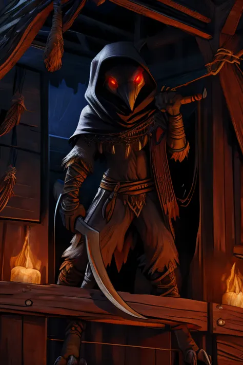 1man, kenku:1.2, talons, black feather, red eyes, black hood, armor, sickle, realistic:1.3, in the middle of the dark rainforest...