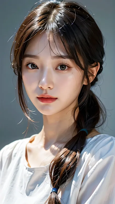 Close up of woman wearing white shirt and ponytail, realistic. Cheng Yi, beautiful korean women, beautiful portrait image, gorgeous face portrait, Cool animated face portraits, Korean woman, high quality portrait, beautiful and delicate face, photorealisti...