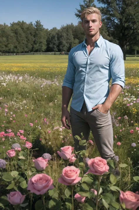 A Handsome Cute Men with  blonde hair is standing in a magnificent field containing of turqouis diamond roses