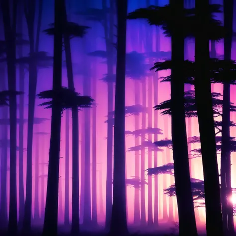 Tall Tree々and a painting of a forest with purple lights., Deep forest at night, mysterious dense forest, Mysterious Forest, foggy Night Forest, Blue Forest, an image of a moonlit forest, Night Forest, Night Forest, dense lush Night Forest, Cinematic forest...