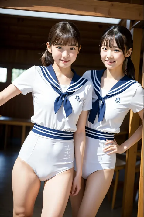 2 girls walking in wooden school classroom,white swimsuit,18-year-old,bangs,a little smile,thighs,knees,short hair with low pigtails bunches with sailor ribbon bow,from below,front light