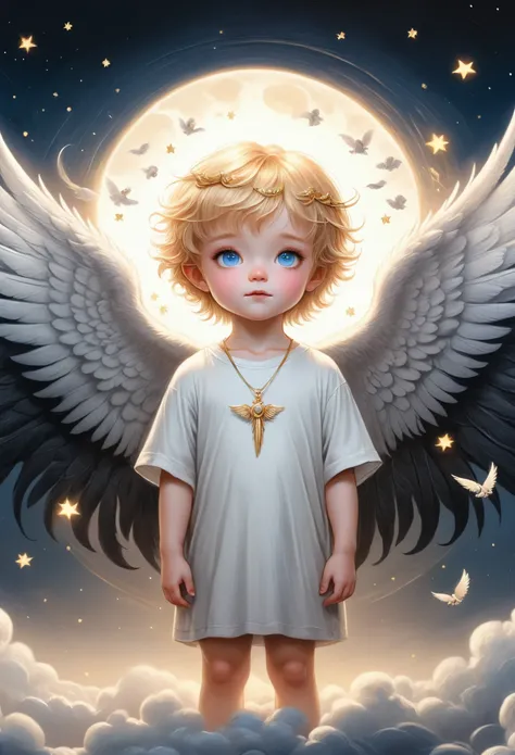 a 3 year old boy with angel wings and halo, golden hair, blue eyes, wearing jewelry, dark background, illustration, soft colors,...