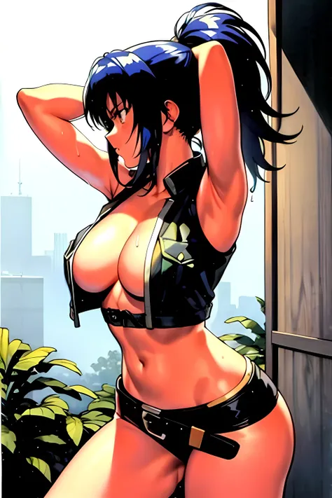 masterpiece, best quality, anime 1990s (style, leona heidern,  no bra, fully open vest, thong ,jungle, pony tail, wet, serious, gloves, , sleeveless, belt, touching hair.