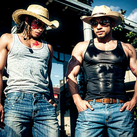 2 BEAUTIFUL AND ATHLETIC BLACK MEN,  next to each other, wearing a white tank top, jeans, cowboy hat, HAY AND SUNNY DAY SCENARIO