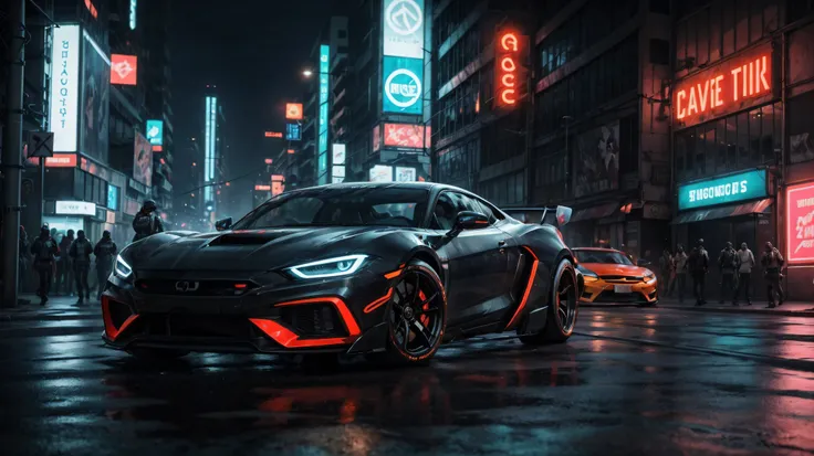 In the neon-soaked streets of a futuristic city, a heavily modified black supercar accelerates towards the viewer, Its low suspension and extended fenders give it a menacing appearance, predatory gaze. The car is armed with high-tech weapons, and its extra...