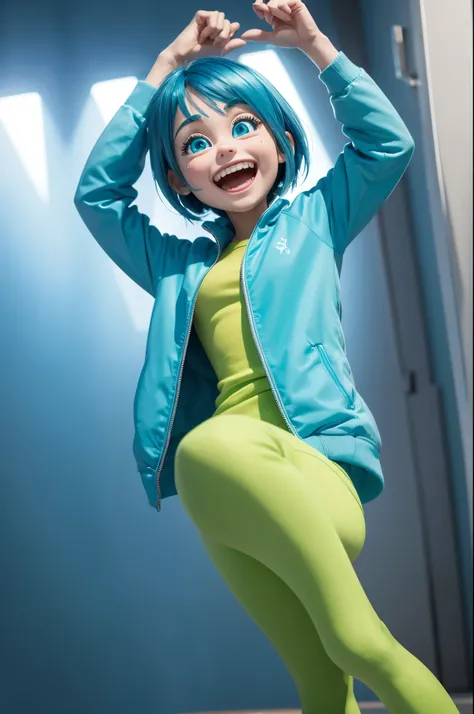 Prompt Alegria:
3d woman cartoon character from Inside Out Pixar, with clear skin, blue colored eyes, strong blue straight hair above the shoulders, wearing a green jacket and green shoes Face with a look of joy.