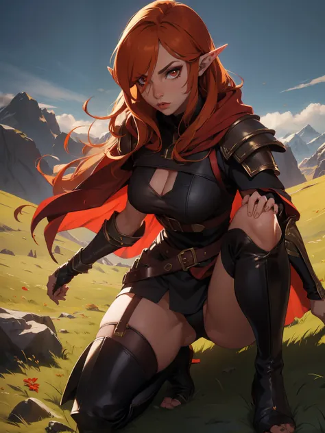 masterpiece, high quality, 1_woman, ((upper body)), (Caucasian skin_complexion:1.4),mature, looking at the viewer, black face, tall, beautiful, exotic, with long elf ears, long hair, orange hair, detailed face, having diamond shaped eyes, wearing eye patch...