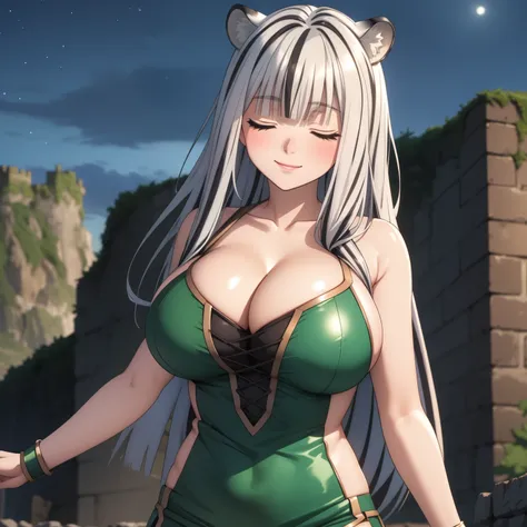 Atlas Fayon woman 40 years, white hair with black stripes ,white tiger ears, closed eyes, mujer ciega con closed eyes, explorer costume, green low cut leather tops, green leather shorts,  big breasts,, background of a ruined castle at night. Starry Night. ...