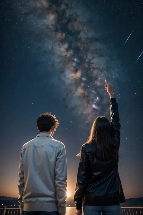 a man and a woman pointing to the stars in the sky