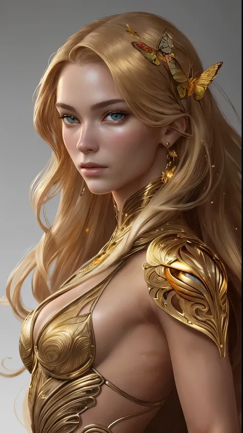 8k portrait of a beautiful cyborg with golden hair, intricate, chic, highy detailed, majestic, digital photograph, art by artgerm and ruan jia and greg rutkowski surreal painting golden butterfly filigree, vidro quebrado, (work of art, side lighting, beaut...