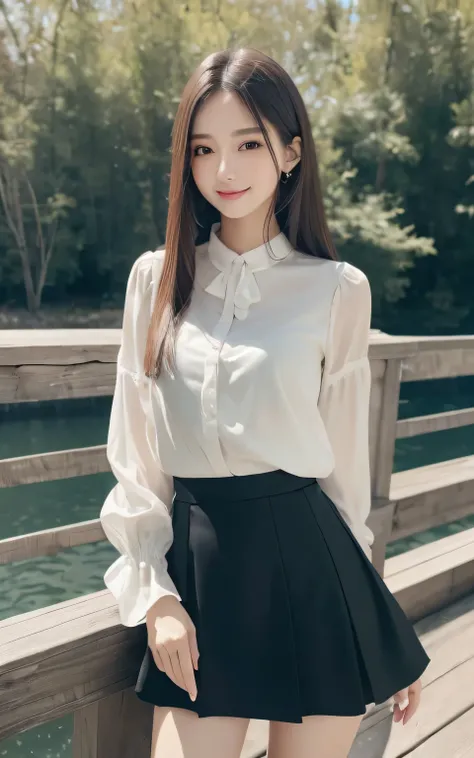 (8K, Highest quality, masterpiece:1.2), (Realistic, Realistic:1.37), Very detailed, 1 Girl,cute,alone,Slender beauty,Browsing Caution,(smile:1.15),Beautiful details,(Medium Straight Hair: 1.2),Floating Hair ,White blouse、Black tight skirt、whole body