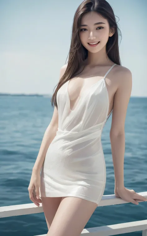 (8K, Highest quality, masterpiece:1.2), (Realistic, Realistic:1.37), Very detailed, 1 Girl,cute,alone,Slender beauty,Browsing Caution,(smile:1.15),Beautiful details,(Medium Straight Hair: 1.2),Floating Hair ,Underwear is visible、White dress、whole body