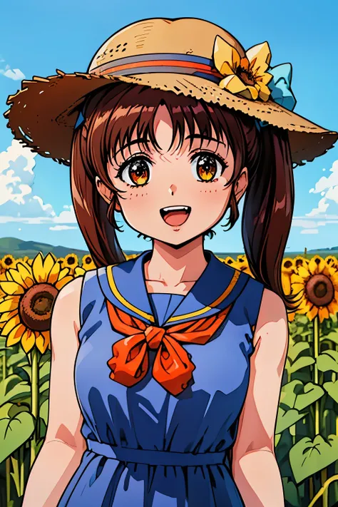 1girl, solo, cowboy shot,portrait、perfect quality, good quality, masterpiece, HDR, uhd,koizumi_rina, brown eyes, brown hair, twintails, hair bow,Sunflower field、Straw hat、(sleeveless,skyblue Summer Dress:1.4)、sunny day、smile,open mouth