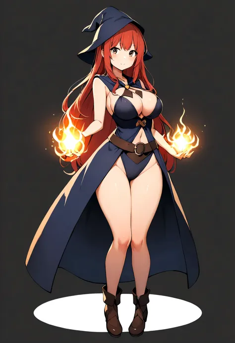 1girl, full body, mage costume, d cup breasts, round hips, long red hair hair, mage pose, blank gray empty background