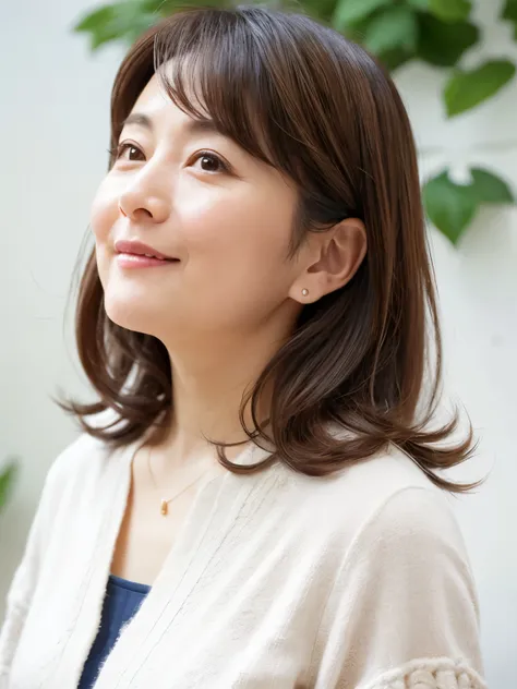 a slightly overweight japanese woman in her 40s, good wife, gray hair blur、photographed in front of a white wall, reddish hair c...