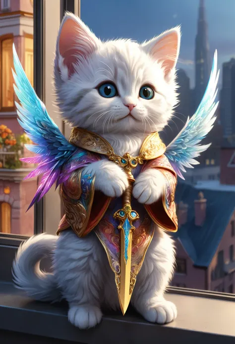 (Soft epic drawing:1.3), close-up of (cute anthropomorphic kitten angel:1.3) (holding a long sharp magic blade:1.2), (long intricate robe:1.2), shimmering colorful wide wings, dark fur, (sitting on windowsill of modern building:1.3), colorful buildings, ma...