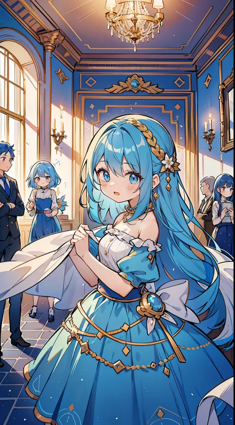 Multiple girls gathered at a party venue. ((The blue-haired girl in it is the protagonist.)). It will be a decorated and very luxurious room.. There is the word 100 at the top of the room.. Girls wear dress code to celebrate party. Looks fun. Colorful. hig...