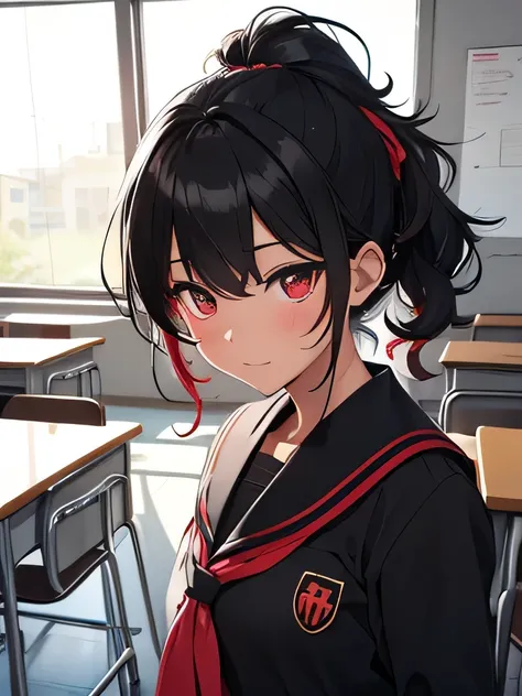 Kizi, Bblack hair, schoolar uniform, class room , swirly vibrant colors, red details 