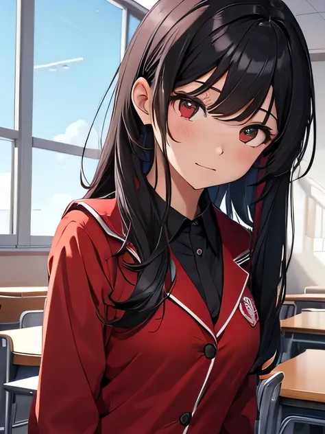 Kizi, Bblack hair, schoolar uniform, class room , swirly vibrant colors, red details 