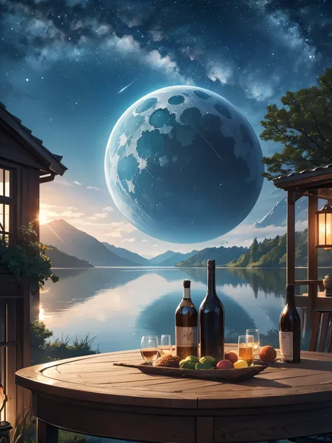 a colossal bottle that contained a majestic lake ,  very high quality and very detailed scene , octane rendering, starry sky , d...