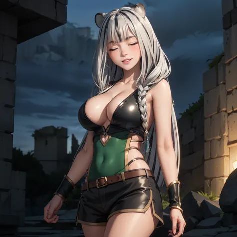 Atlas Fayon woman 40 years, white hair with black stripes ,white tiger ears, closed eyes, mujer ciega con closed eyes, explorer costume, green low cut leather tops, green leather shorts,  big breasts,, background of a ruined castle at night. Starry Night. ...