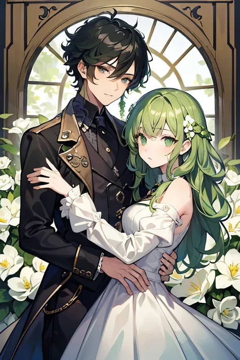 (masterpiece), best quality, expressive eyes, perfect face, girl, white dress, bright green hair, green eyes, surrounded by flowers, curly hair, long hair, black haired man, steampunk, short hair, couple, gray eyes,