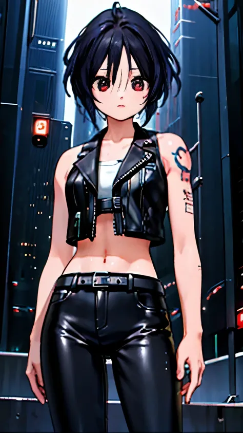 (highest quality),masterpiece,Super detailed,8K, UHD,Beautiful woman,japanese woman,No expression,whole body,((Tattoo on arm)),slim,black leather pants,black leather vest,(female mafia),gangster,(cyberpunk city),night,cinematic lightening,underworld