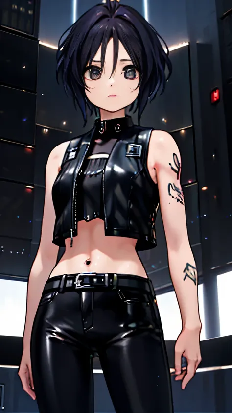 (highest quality),masterpiece,Super detailed,8K, UHD,Beautiful woman,japanese woman,No expression,whole body,((Tattoo on arm)),slim,black leather pants,black leather vest,(female mafia),gangster,(cyberpunk city),night,cinematic lightening,underworld