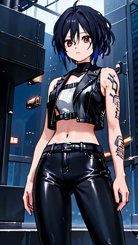 (highest quality),masterpiece,Super detailed,8K, UHD,Beautiful woman,japanese woman,No expression,whole body,((Tattoo on arm)),slim,black leather pants,black leather vest,(female mafia),gangster,(cyberpunk city),night,cinematic lightening,underworld